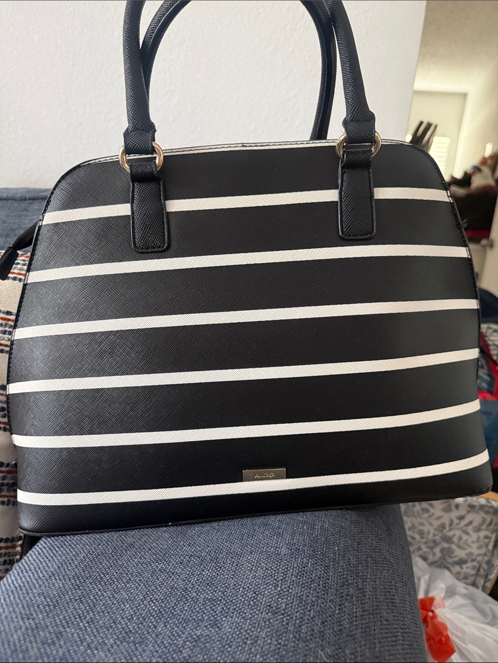 Aldo Black and White Striped Dome Satchel